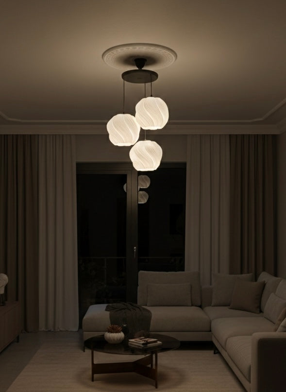 Avize Krema Desenli 3lü Sarkıt Modern Bohem Avize