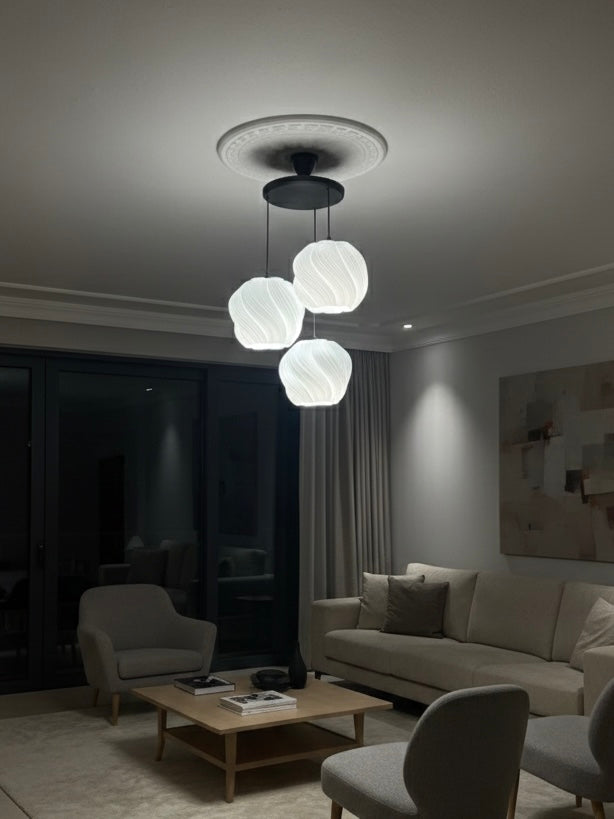 Avize Krema Desenli 3lü Sarkıt Modern Bohem Avize