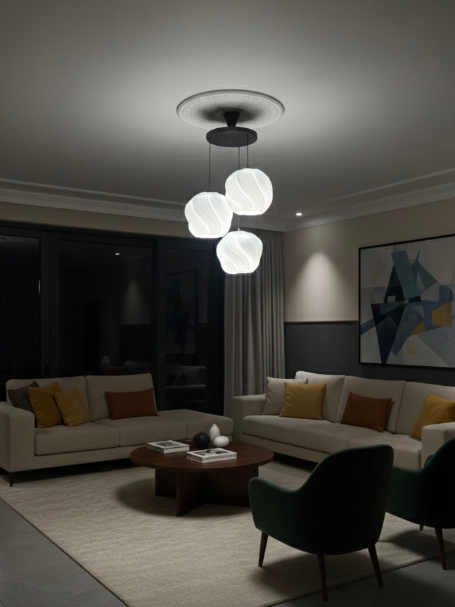 Avize Krema Desenli 3lü Sarkıt Modern Bohem Avize