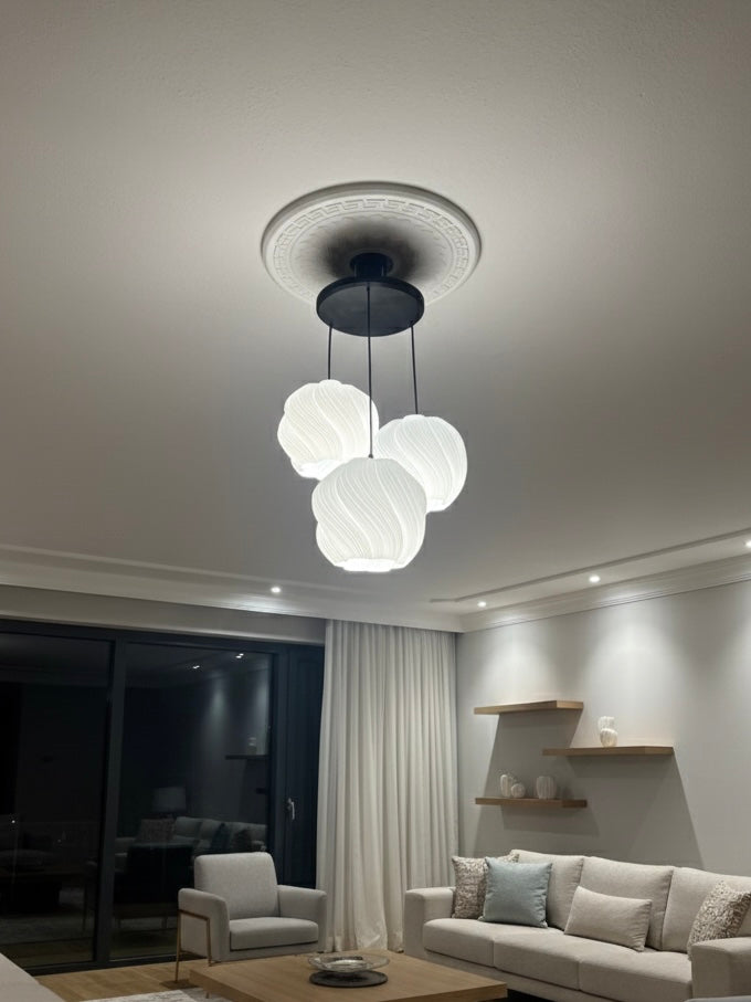 Avize Krema Desenli 3lü Sarkıt Modern Bohem Avize