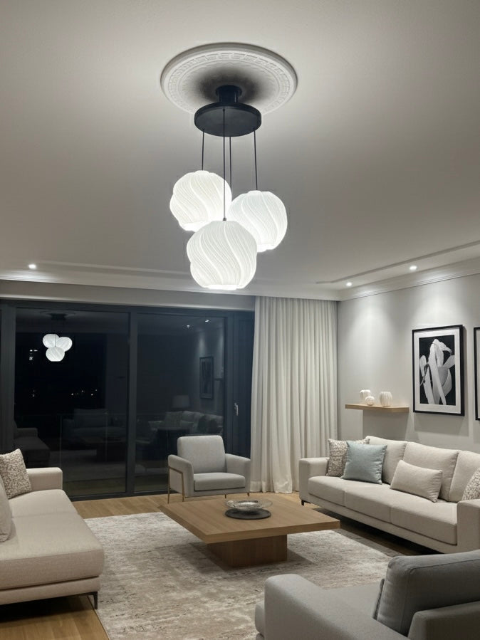 Avize Krema Desenli 3lü Sarkıt Modern Bohem Avize