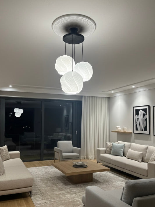 Avize Krema Desenli 3lü Sarkıt Modern Bohem Avize