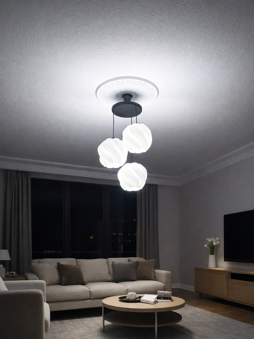 Avize Krema Desenli 3lü Sarkıt Modern Bohem Avize